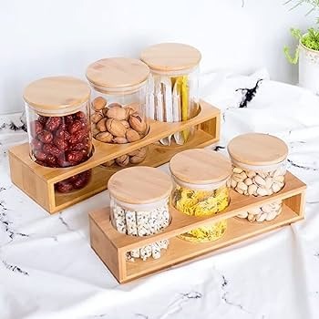 3 piece Glass Jar Storage Set with Wooden Rack