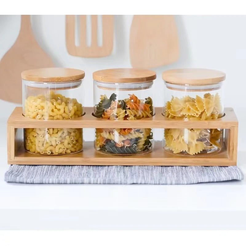 3 piece Glass Jar Storage Set with Wooden Rack