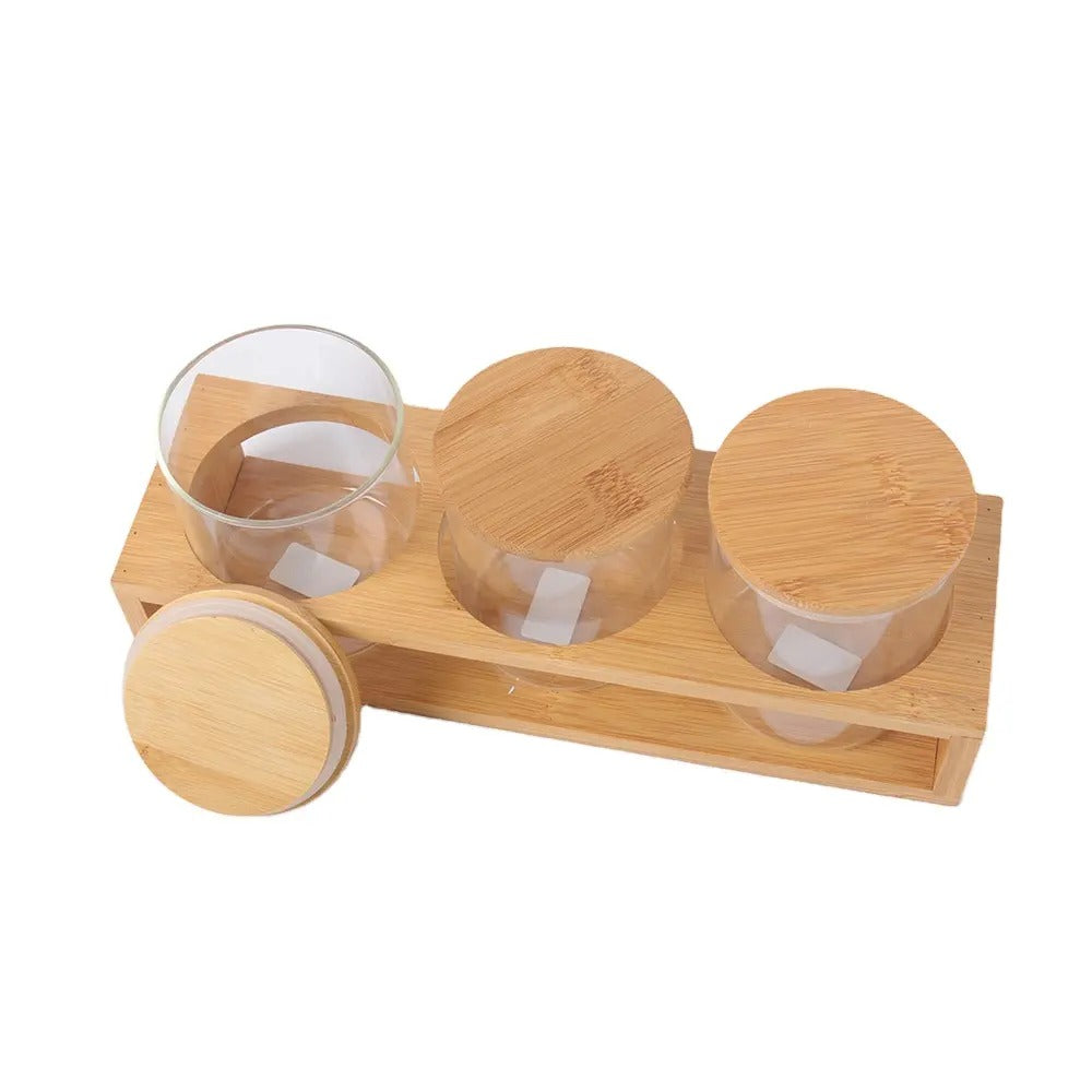 3 piece Glass Jar Storage Set with Wooden Rack