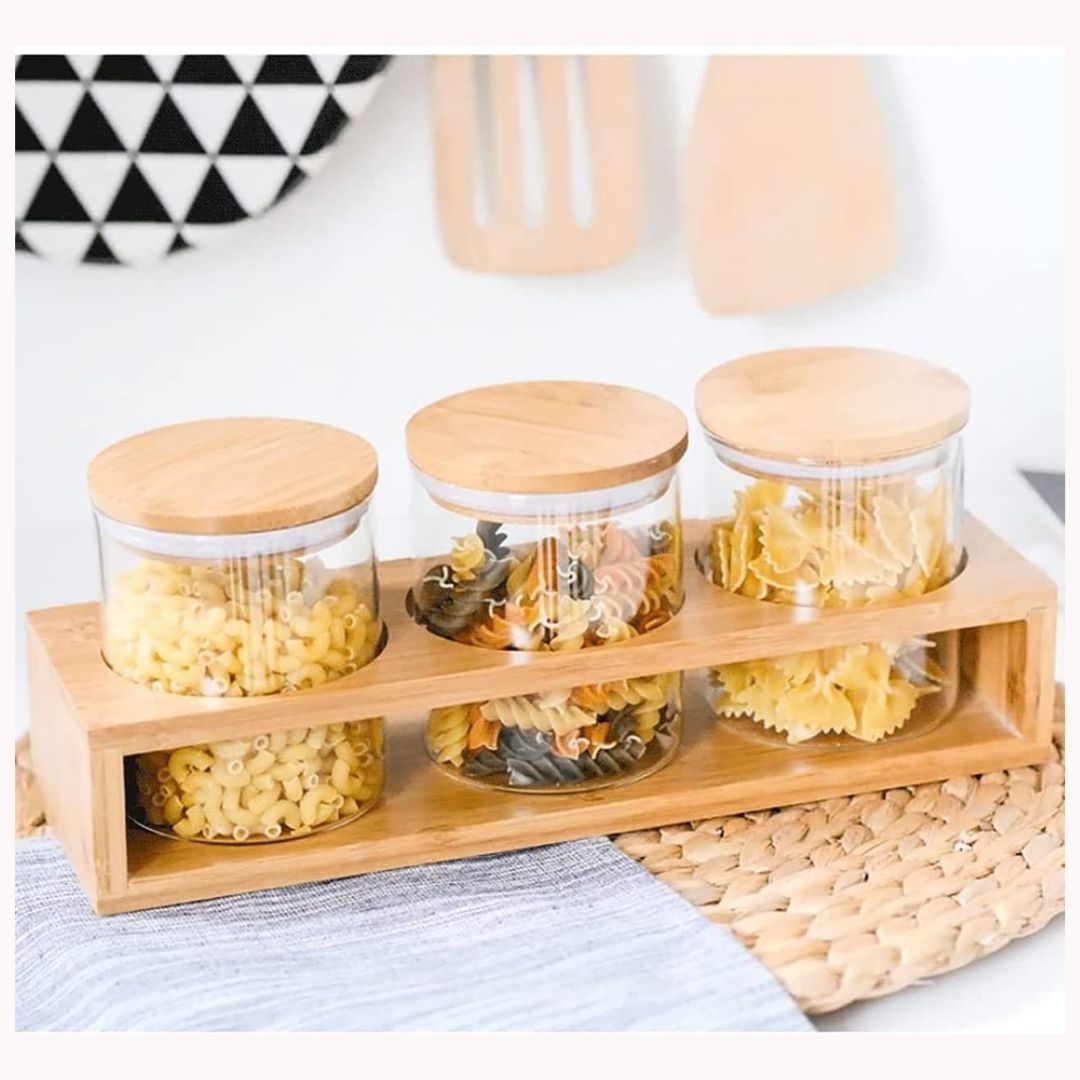 3 piece Glass Jar Storage Set with Wooden Rack