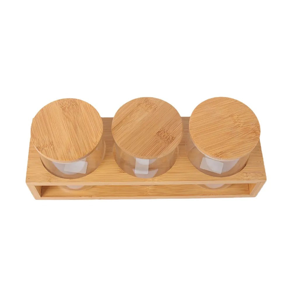 3 piece Glass Jar Storage Set with Wooden Rack
